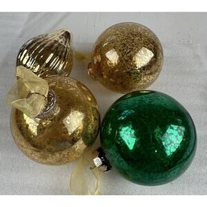 Ornament Christmas Balls Rauch Four Green, Gold Round Teardrop Shatterproof 2002